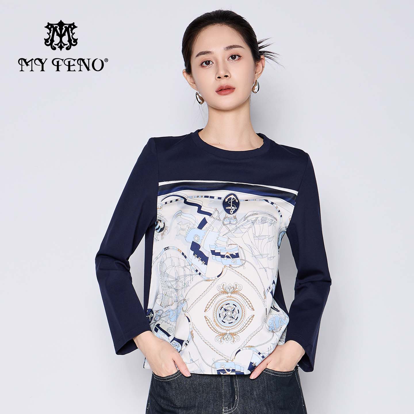 马天奴藏青色印花拼接长袖上衣