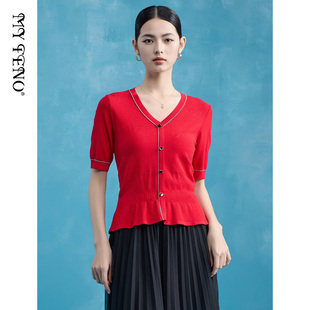 马天奴春夏红色V领单排扣短袖针织开衫烫钻荷叶边收腰小衫上衣女