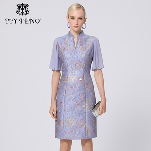 商场同款马天奴春新款立领提花连衣裙礼裙子短袖时尚气质场合流行