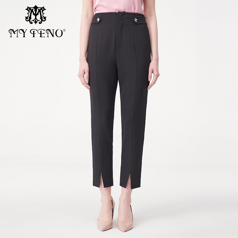 马天奴春夏新款女装黑色直筒西装裤九分裤基础款显瘦高腰百搭通勤