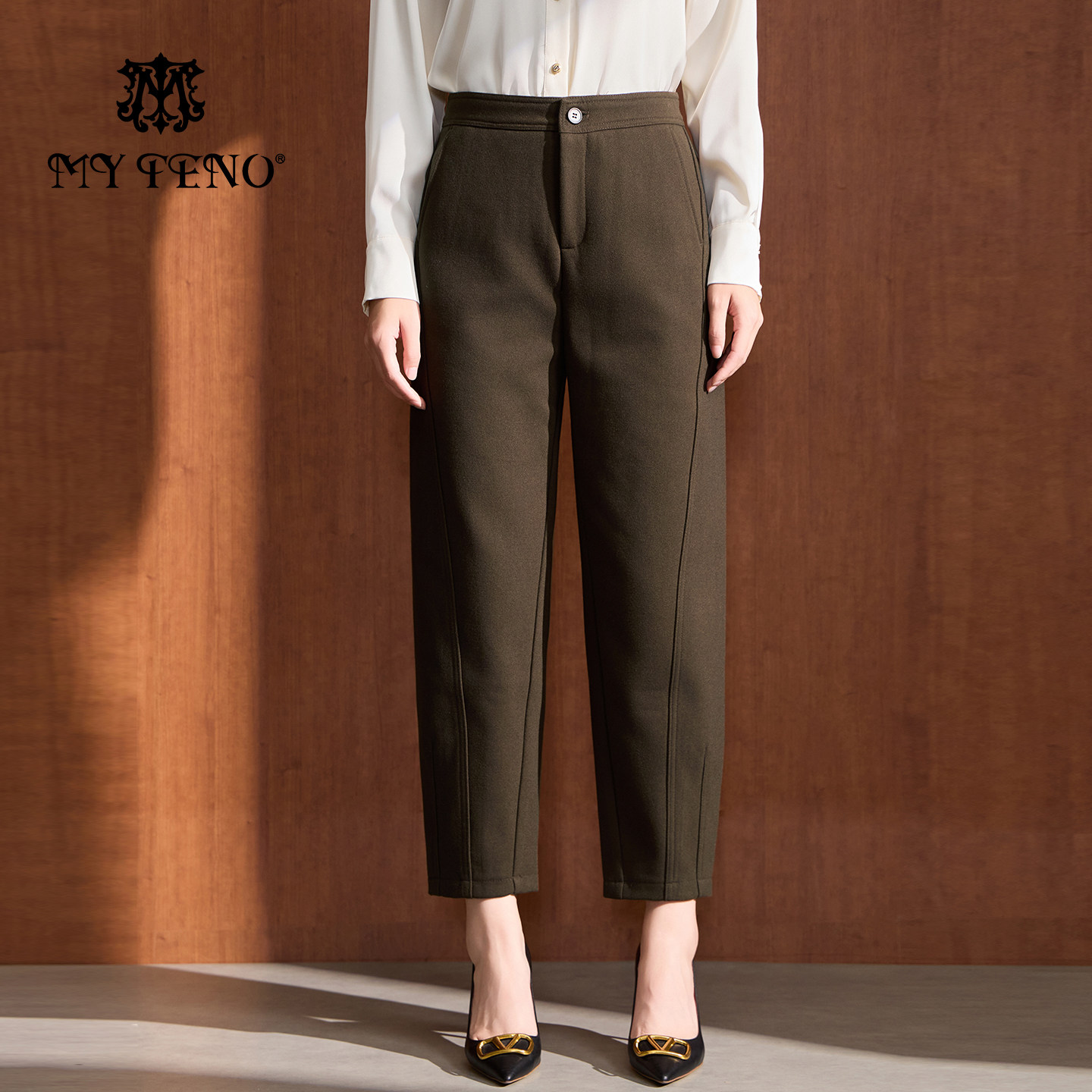 马天奴时尚咖色高腰直筒休闲裤