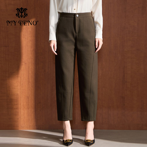 马天奴时尚咖色高腰直筒休闲裤