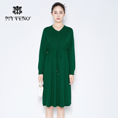 系带收腰提花针织连衣裙子气质时尚 马天奴2025秋冬新款 女V领长袖