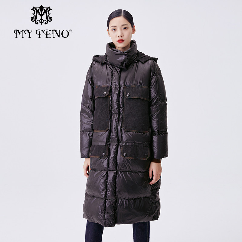 马天奴秋冬新款黑色连帽中长款羽绒服保暖外套通勤时尚百搭气质女