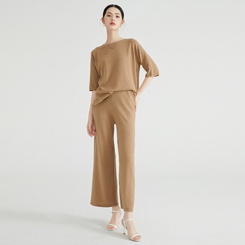 马天奴棉质针织衫阔腿裤套装