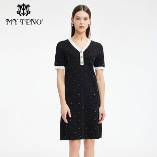 女MRS612SWH0 时尚 专柜正品 马天奴女V领钉珠针织连衣裙子夏季