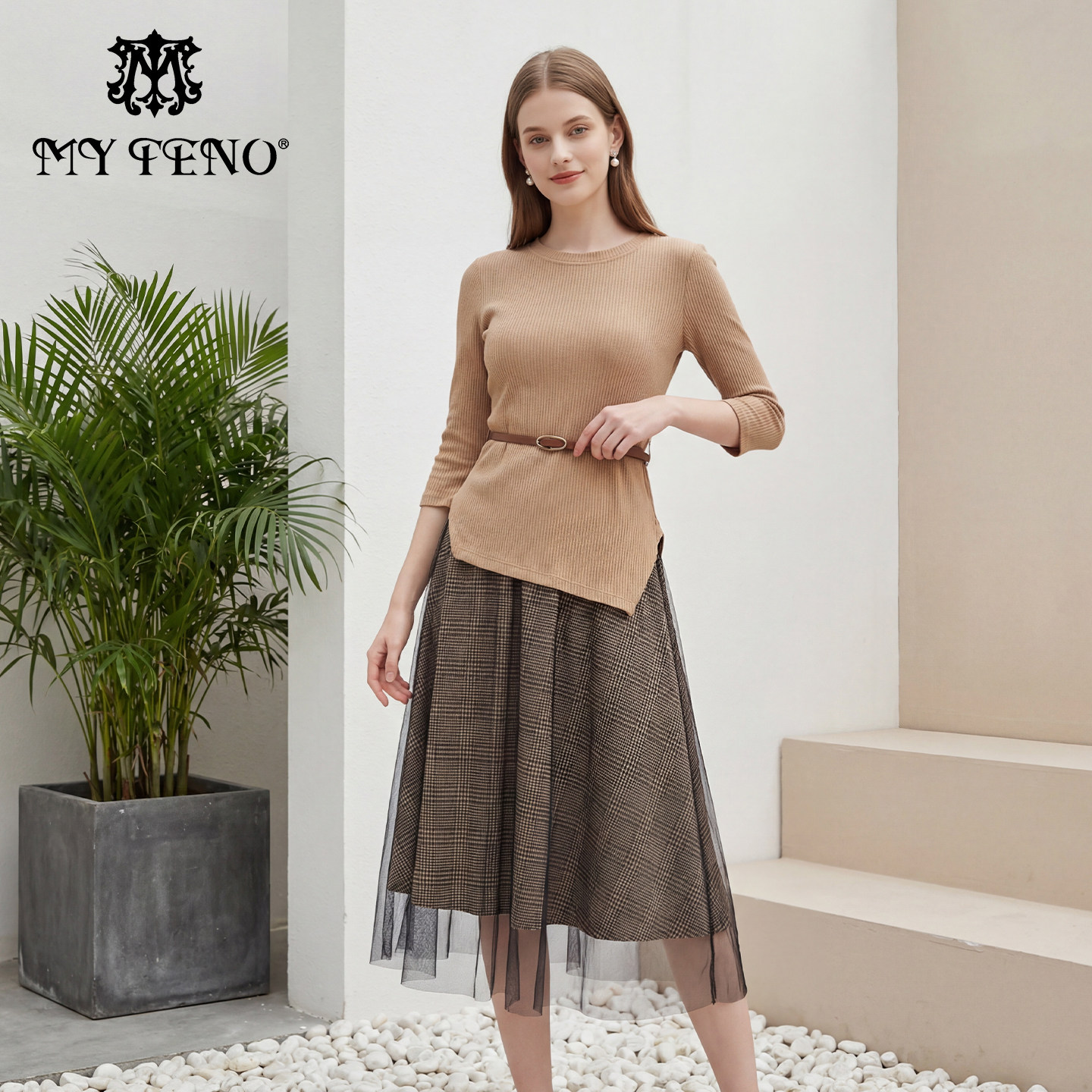 马天奴2025秋冬新款卡其棉质针织衫上衣网纱半身裙半裙子两件套装