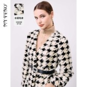 女V领千鸟格皮草保暖外套附腰带时尚 新款 水貂毛皮 马天奴冬季