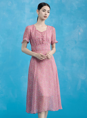 马天奴春夏新款粉紫色法式连衣裙碎花裙收腰短袖长裙气质裙子