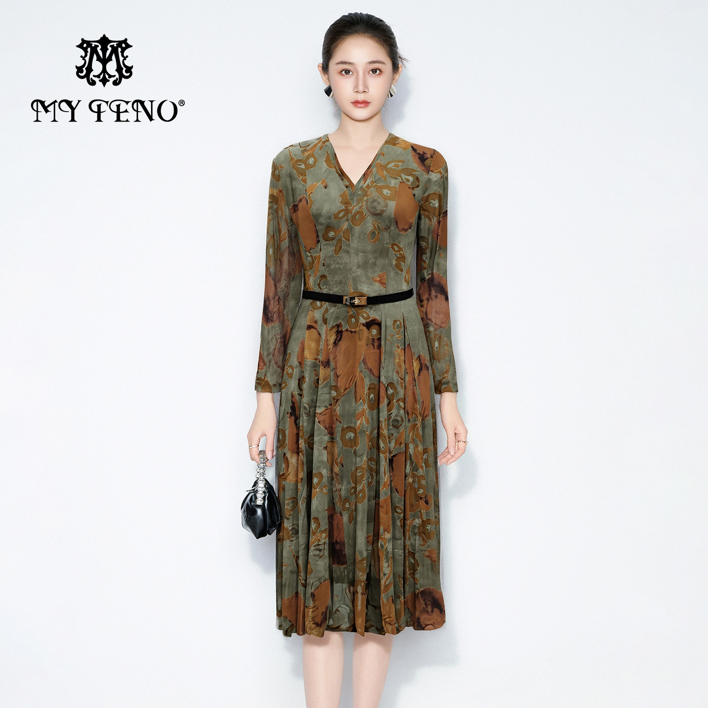 马天奴秋冬女绿杏印花V领收腰连衣裙子长袖气质时尚法式优雅流行,女装/女士精品,连衣裙,淘宝优惠券,粉丝福利购,淘宝优惠卷