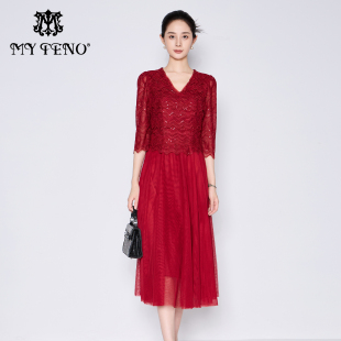 专柜正品 马天奴秋冬秋冬红色V领绣花连衣裙礼裙子气质MRA360DRX0