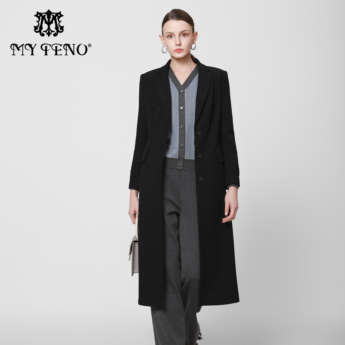 马天奴黑色翻领长款风衣外套