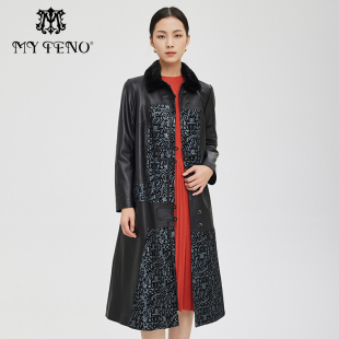 女黑色印花水貂毛领皮衣外套长款 马天奴秋冬新款 设计感 绵羊皮