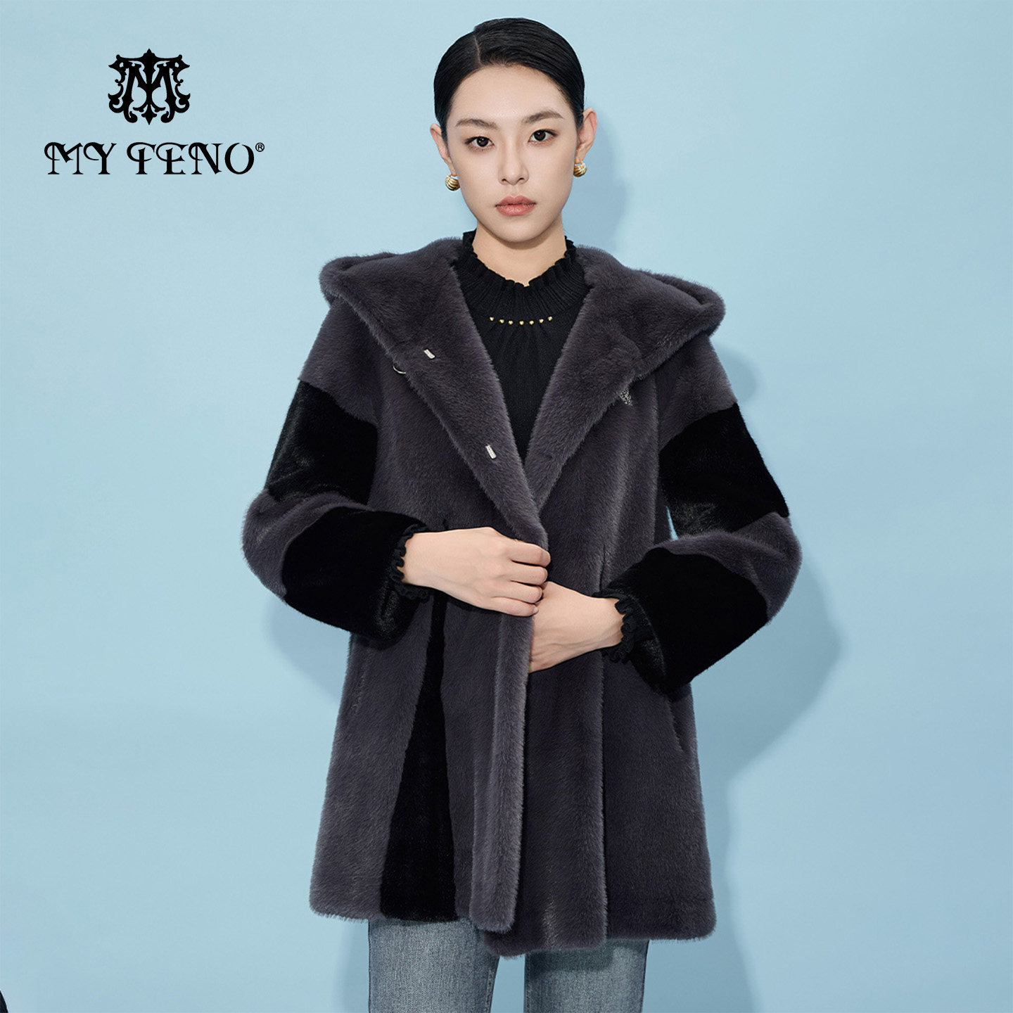 马天奴2025冬季新款紫色连帽拼色金貂绒外套仿皮草轻奢保暖时尚女