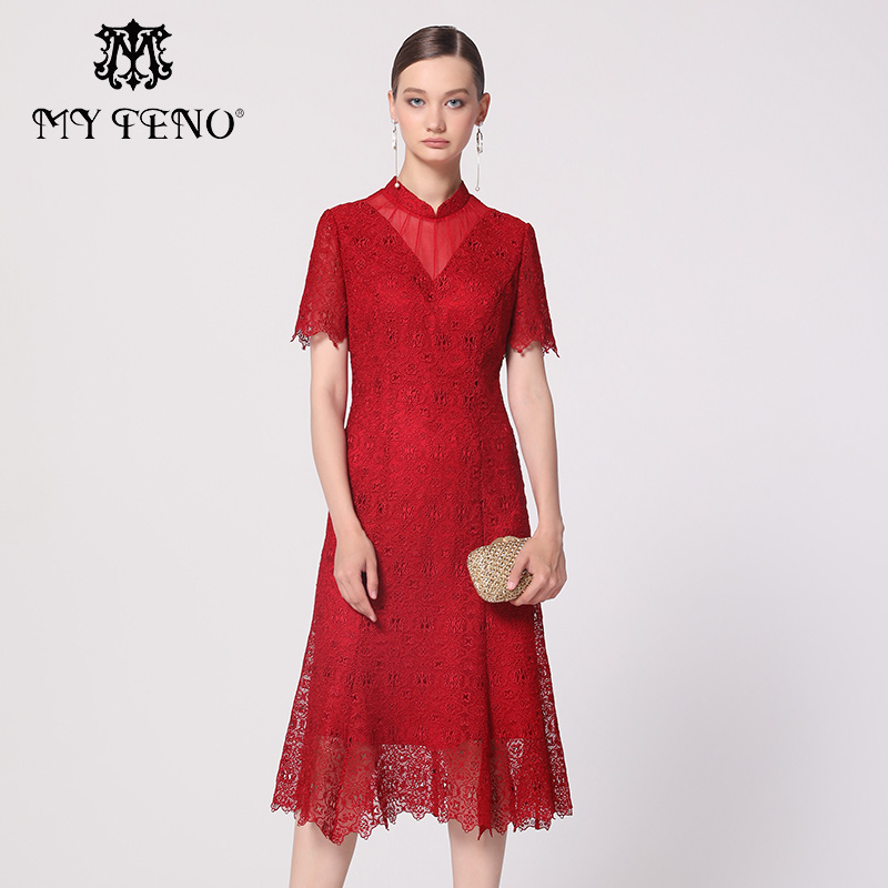 马天奴红色新中式短袖连衣裙