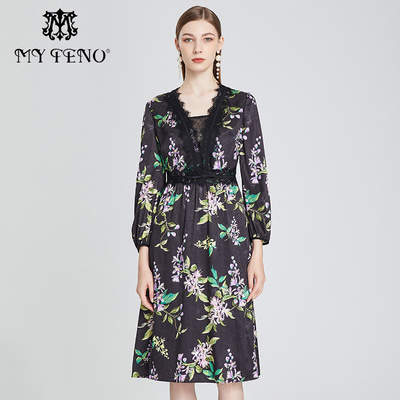 马天奴花卉收腰显瘦长款连衣裙