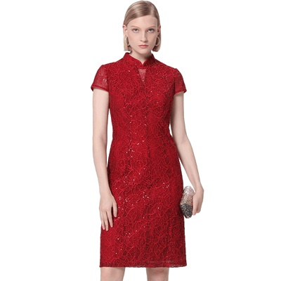 马天奴红色立领刺绣连衣裙