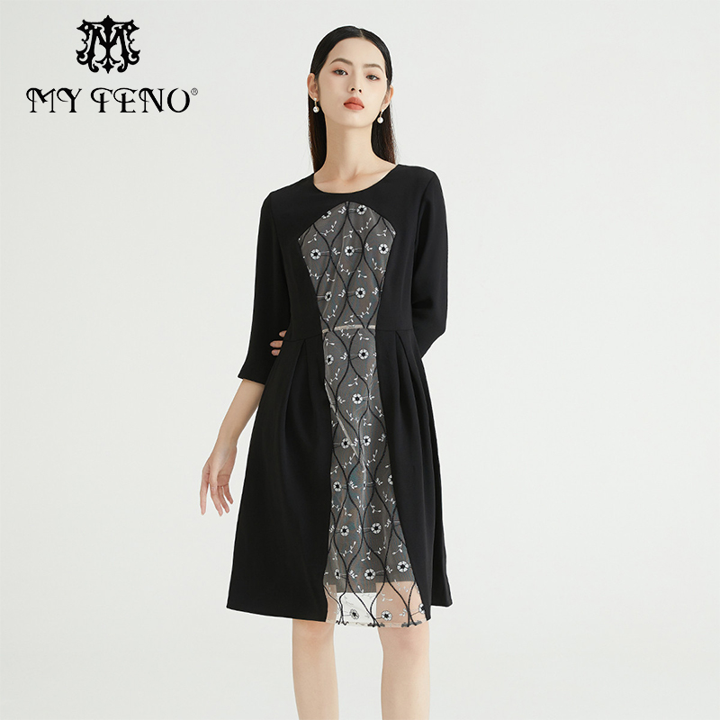 马天奴黑色拼接刺绣网纱连衣裙