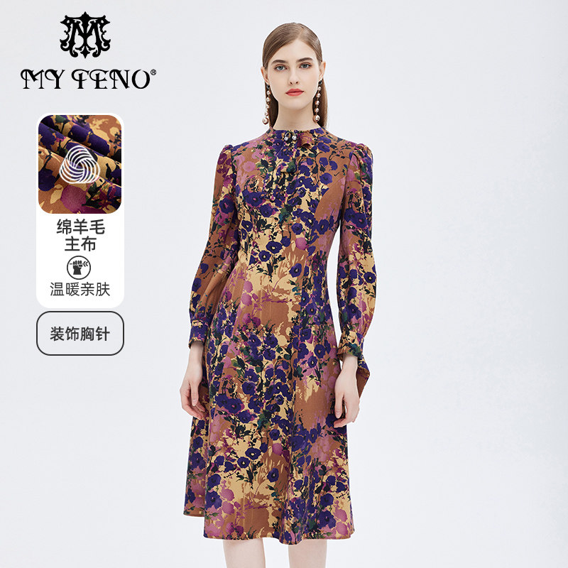 马天奴绵羊毛秋冬新款复古立领印花连衣裙子收腰时尚长袖气质流行