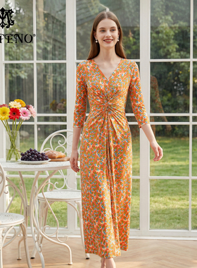 马天奴女装夏季新款橙色V领印花连衣裙收腰长裙气质时尚长款裙子