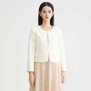 马天奴春夏季新款白色圆领提花新中式盘扣外套短款时尚气质女装