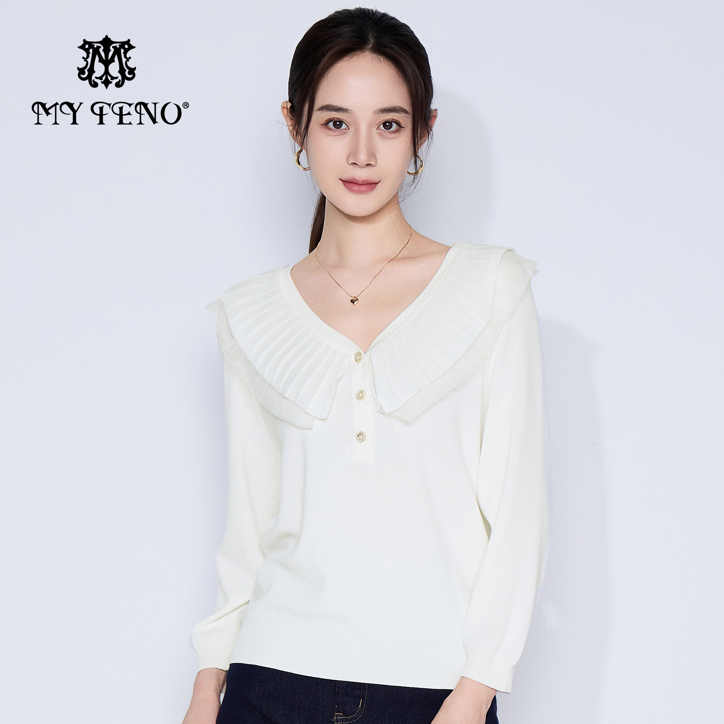 马天奴黑色法式拼接翻领针织衫