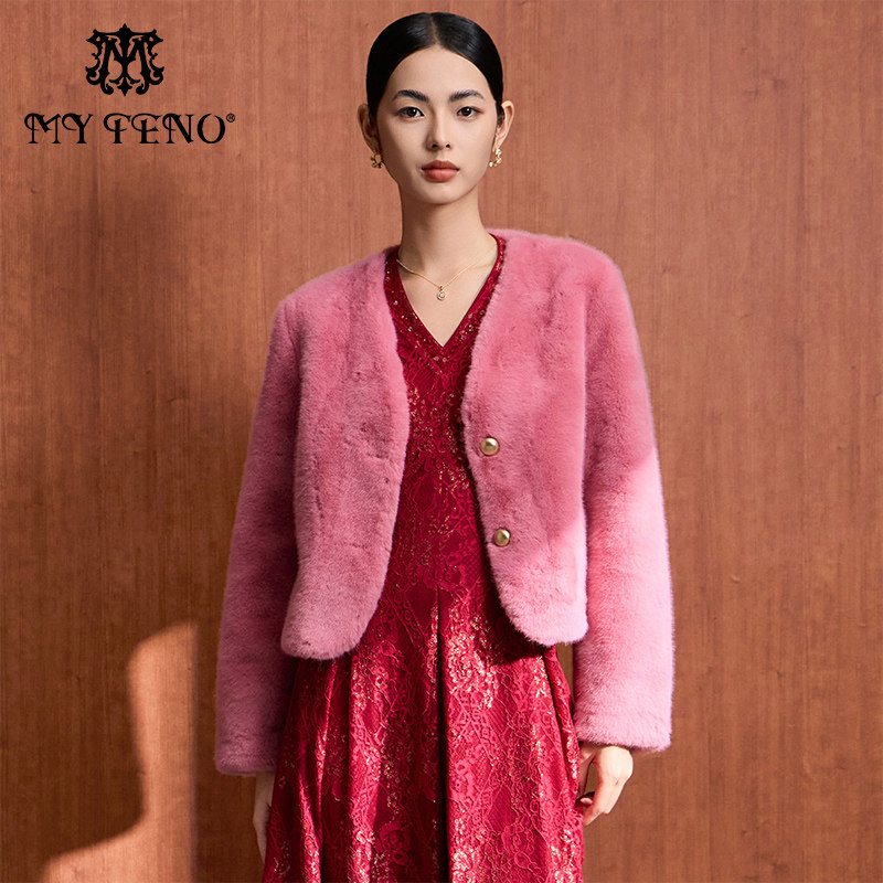 马天奴秋冬新款粉色V领金貂绒外套超短款环保仿皮草时尚轻奢女装,女装/女士精品,皮草,淘宝优惠券,粉丝福利购,淘宝优惠卷