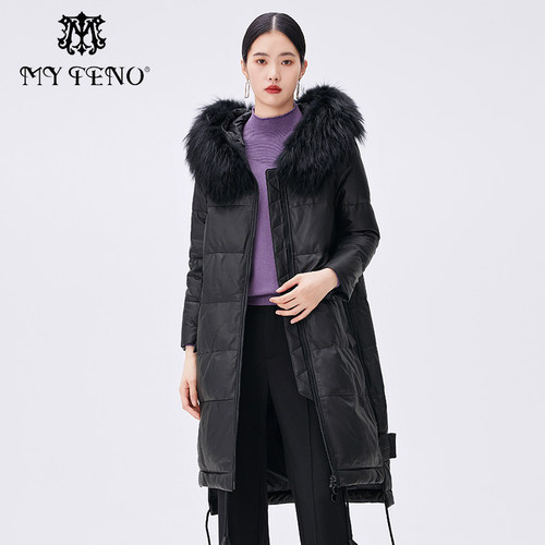 马天奴黑色毛领连帽羽绒服