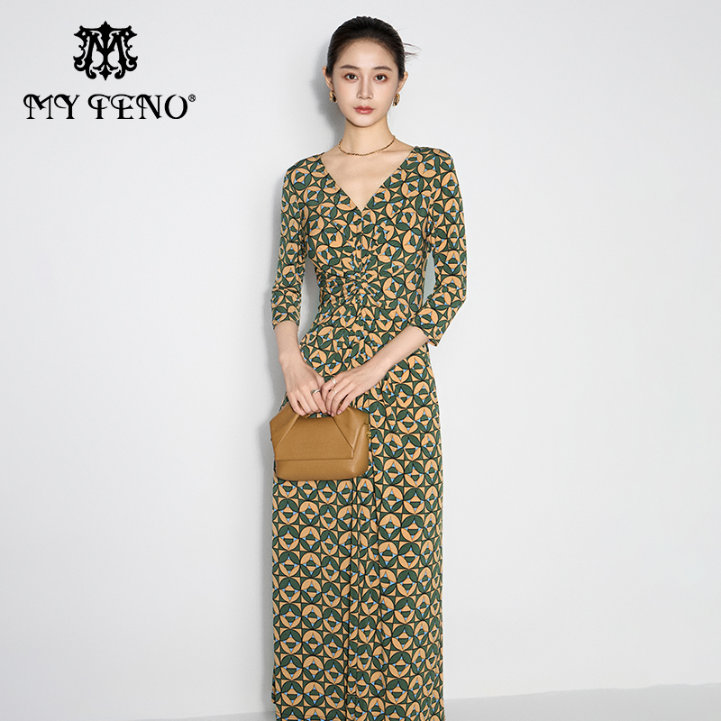 马天奴黄色印花V领修身连衣裙