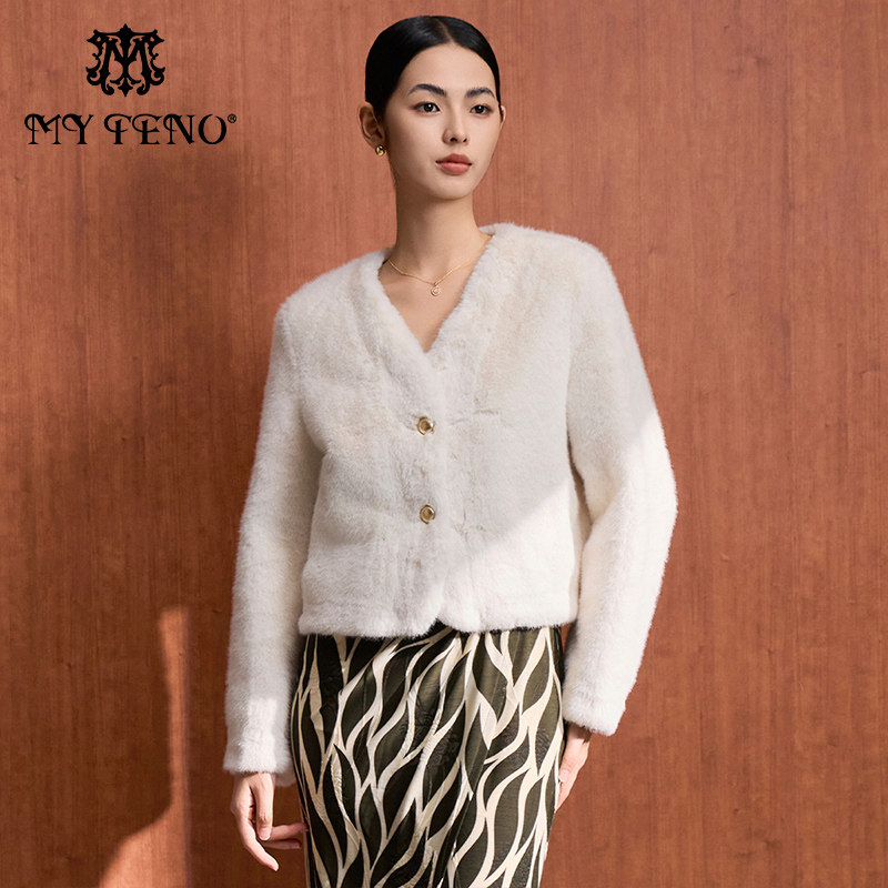 马天奴杏色V领金貂绒短款外套