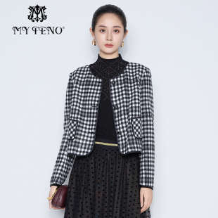 上衣女时尚 马天奴专柜正品 秋冬秋冬黑白格纹圆领单排扣外套短款