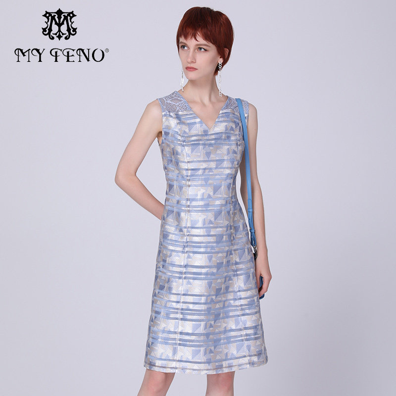 马天奴夏季蓝白V领印花无袖连衣裙气质修身短裙时尚洋气裙子,女装/女士精品,连衣裙,淘宝优惠券,粉丝福利购,淘宝优惠卷