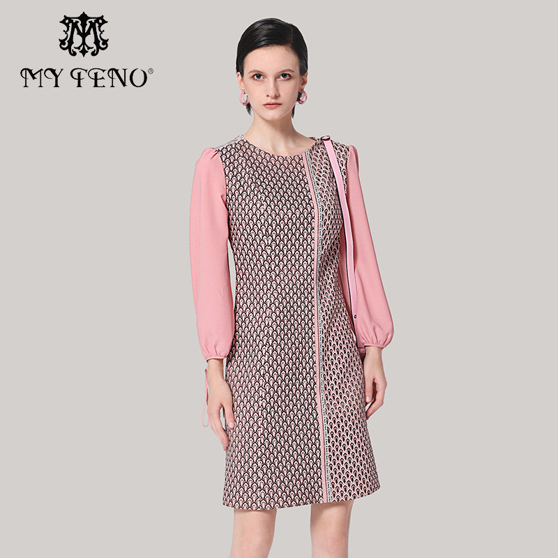 专柜正品马天奴女秋冬新款粉色提花收腰连衣裙气质裙子流行时尚,女装/女士精品,连衣裙,淘宝优惠券,粉丝福利购,淘宝优惠卷