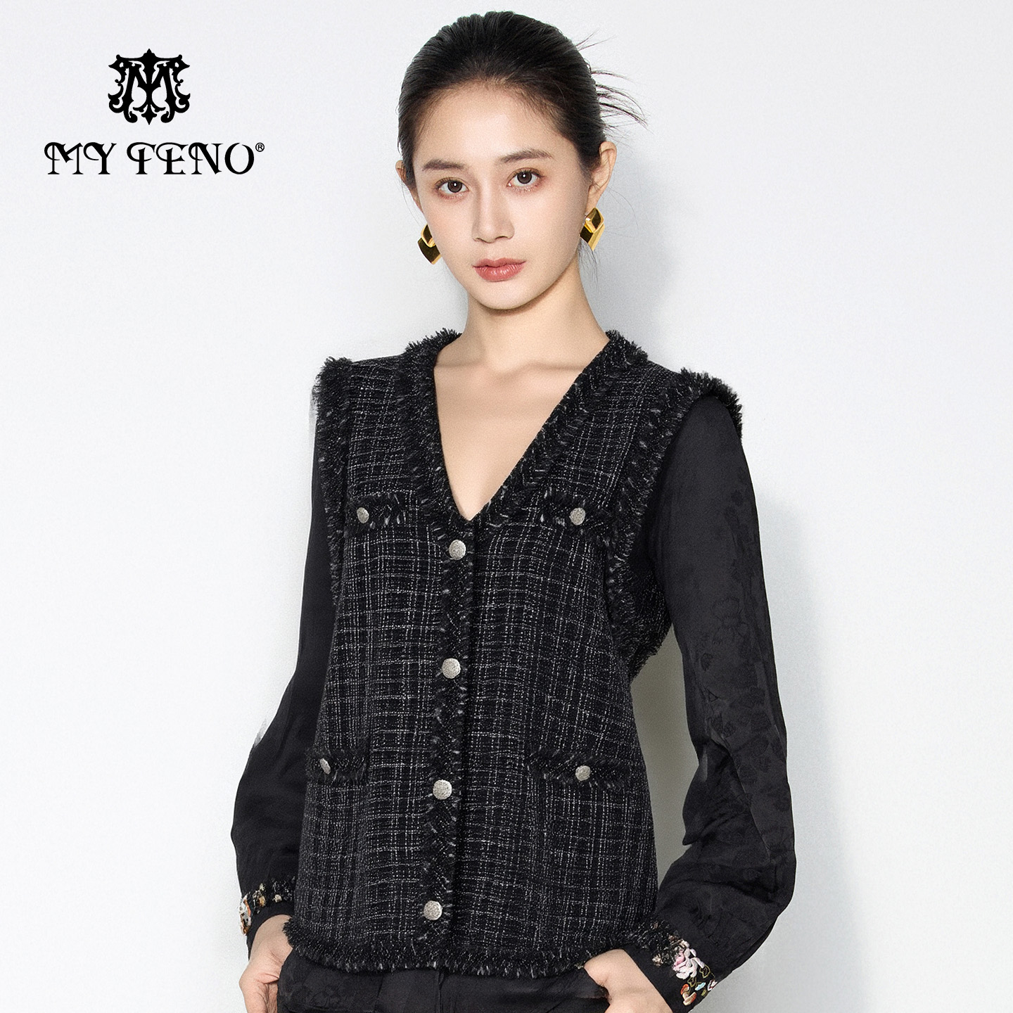 马天奴小香风黑色粗花呢马甲