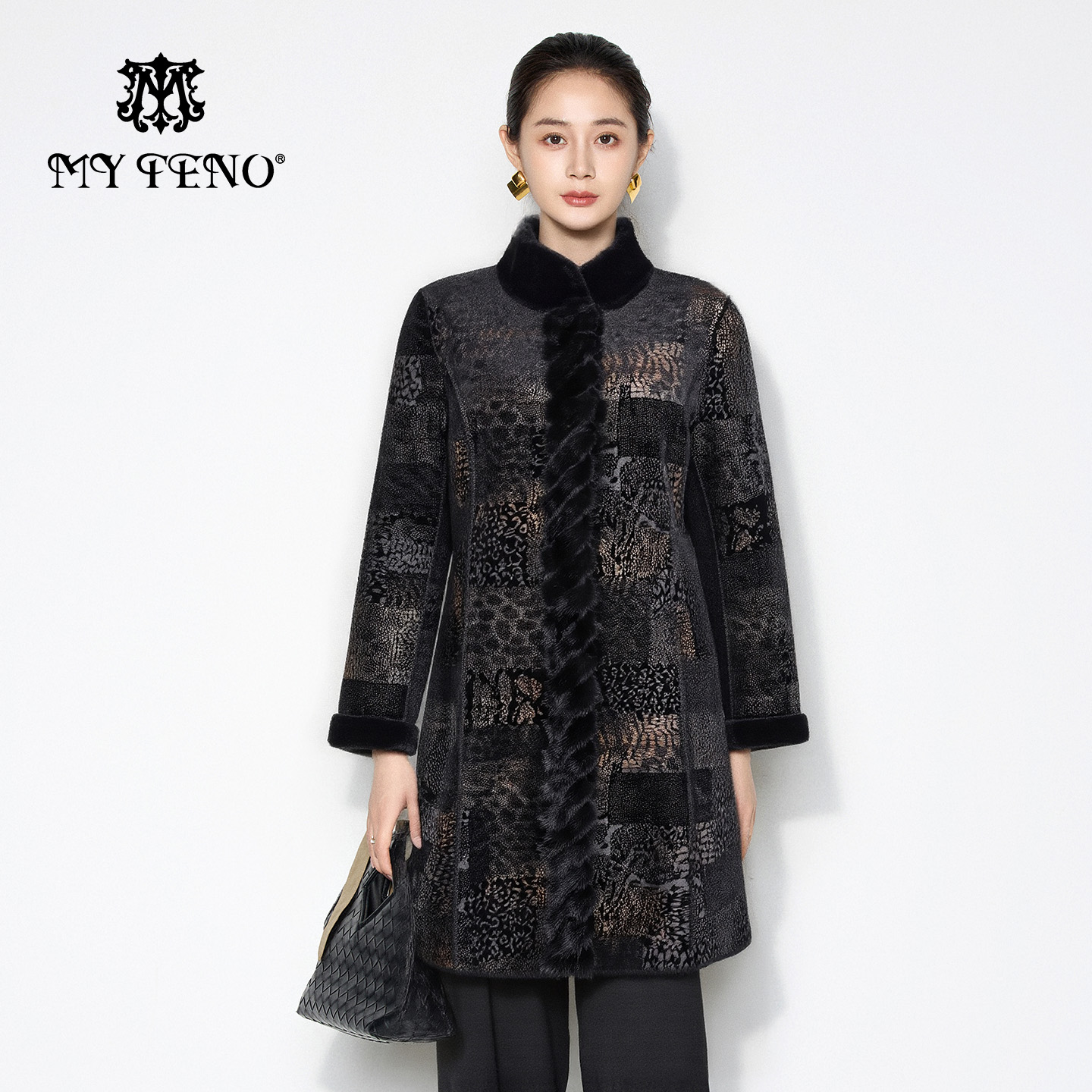 马天奴立领长款环保仿皮草大衣