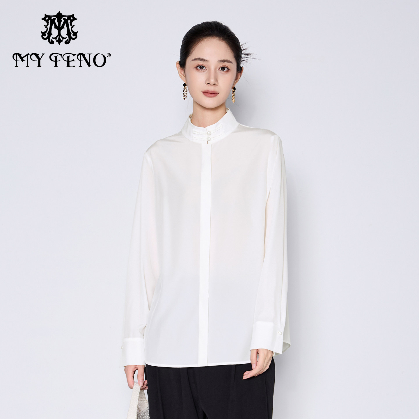 商场同款马天奴2025秋冬新款白色立领一字扣衬衫衬衣上衣新中式女,女装/女士精品,衬衫,淘宝优惠券,粉丝福利购,淘宝优惠卷