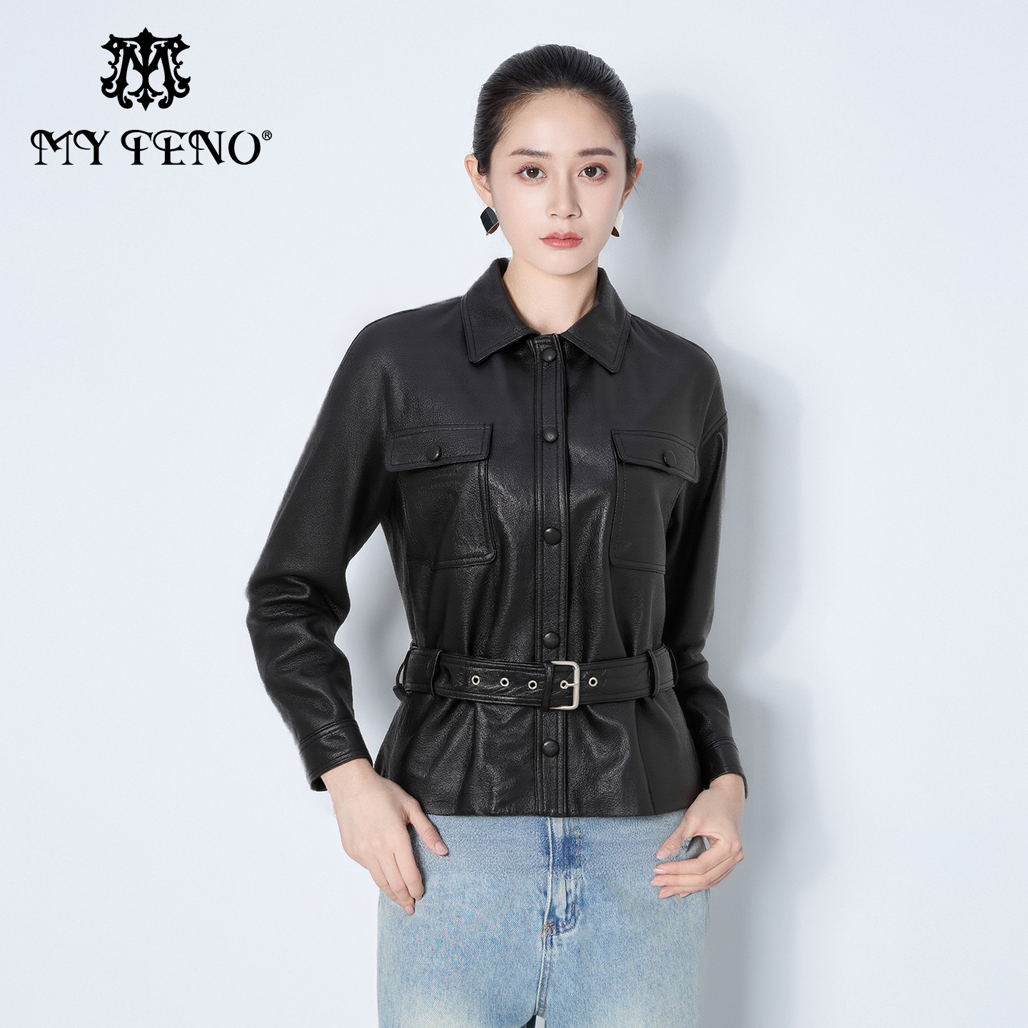 马天奴黑色绵羊皮夹克短外套