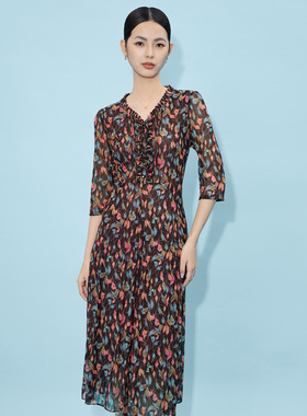 马天奴春夏新款蓝色印花钉珠网纱连衣裙子系带花边领收腰时尚女装