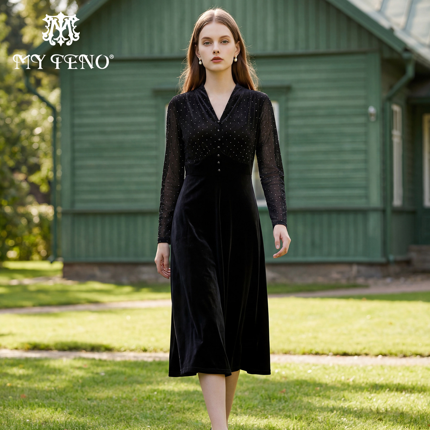 马天奴2025秋冬新款黑色丝绒烫钻连衣裙子V领收腰长袖气质法式女