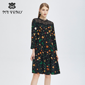 专柜正品 马天奴秋冬黑色印花蕾丝连衣裙气质裙子流行时尚