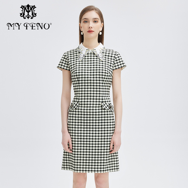 马天奴黑白格子刺绣连衣裙