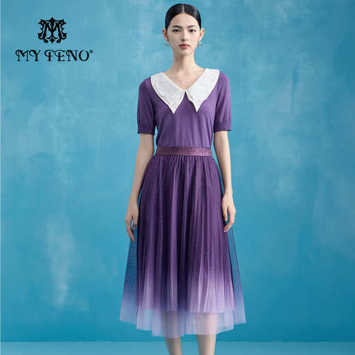 马天奴紫色蕾丝翻领短袖针织衫