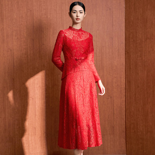 流行 连衣裙子长裙气质时尚 马天奴春夏新款 女红色蕾丝立领收腰长袖