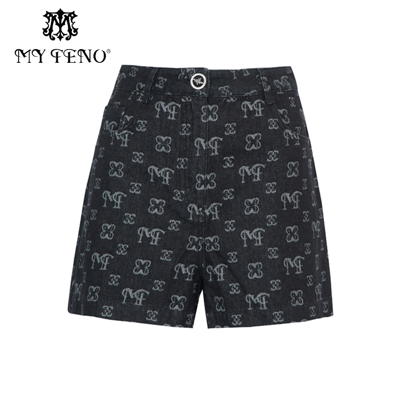 马天奴黑色提花牛仔短裤