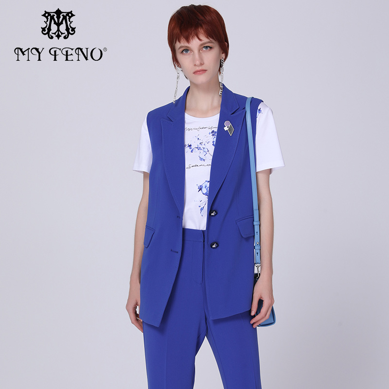 马天奴蓝色戗驳领无袖西装马甲