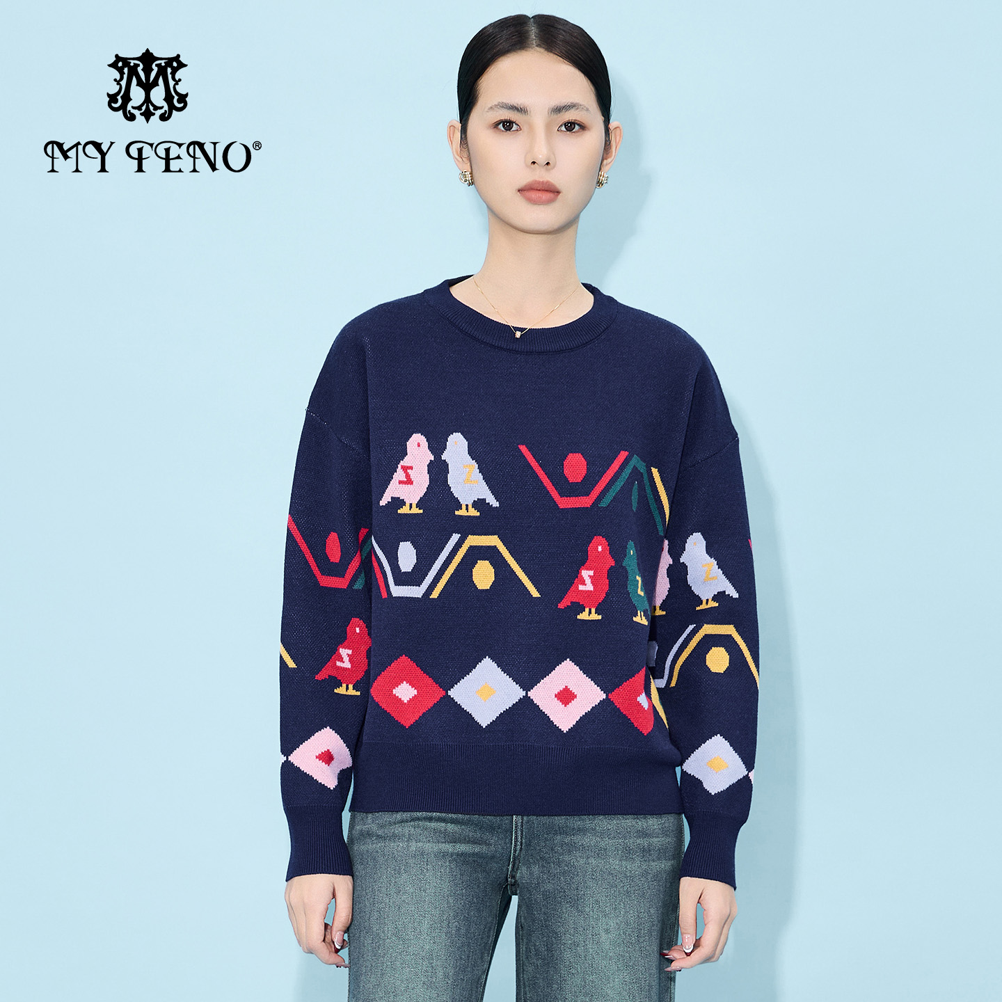 马天奴撞色卡通圆领长袖针织衫