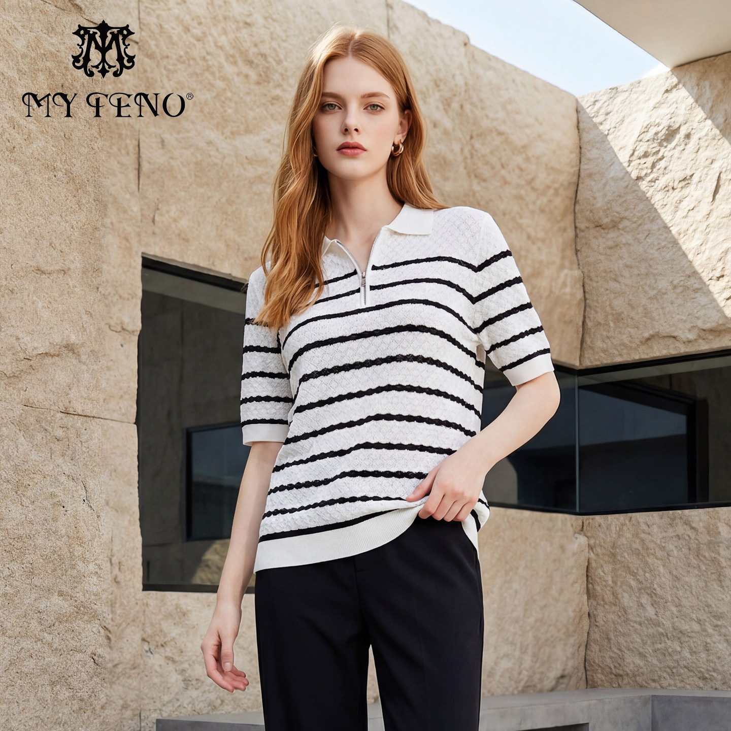马天奴女装春夏新款黑白条纹提花针织衫翻领短袖小衫上衣时尚气质
