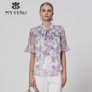 时尚 专柜正品 衬衫 紫色绑带领印花雪纺上衣女装 马天奴夏季