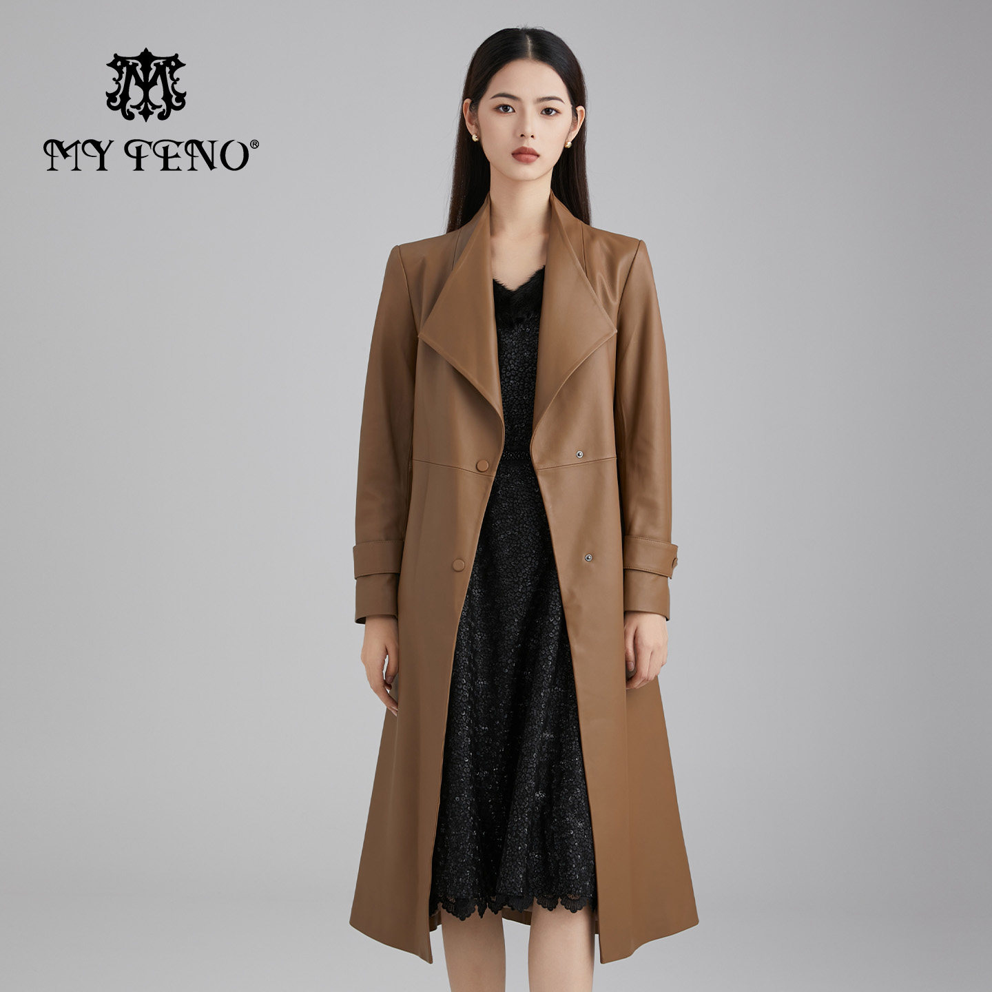 马天奴卡其翻领收腰羊皮衣外套