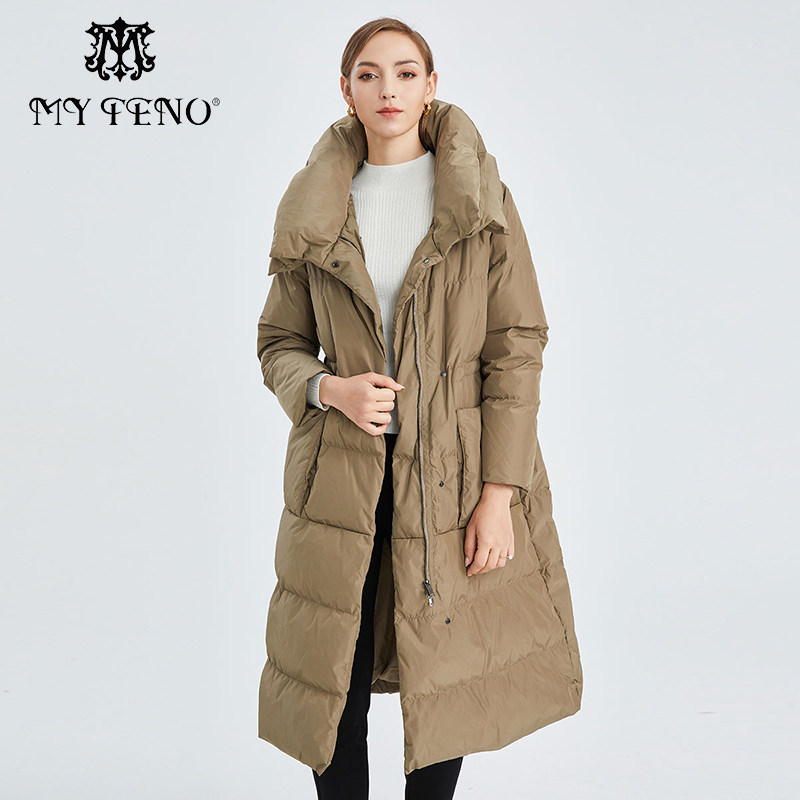 马天奴冬季新款咖色立领拉链白鹅绒羽绒服保暖长款修身外套时尚